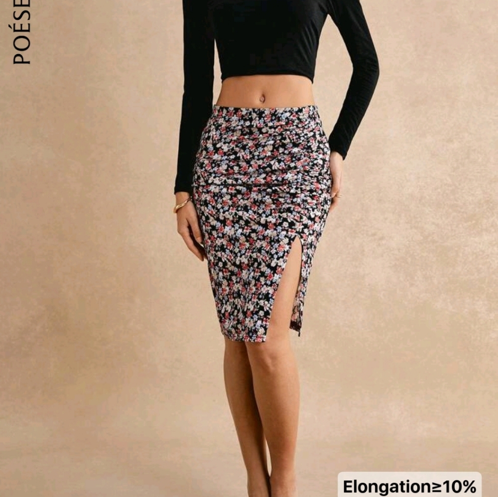 High Waist Floral Print Rouched Skirt with Slit